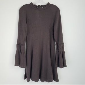 Love Riche Brown Ruffle Accent Bell Sleeve Ribbed Knit Mini Dress Size Small